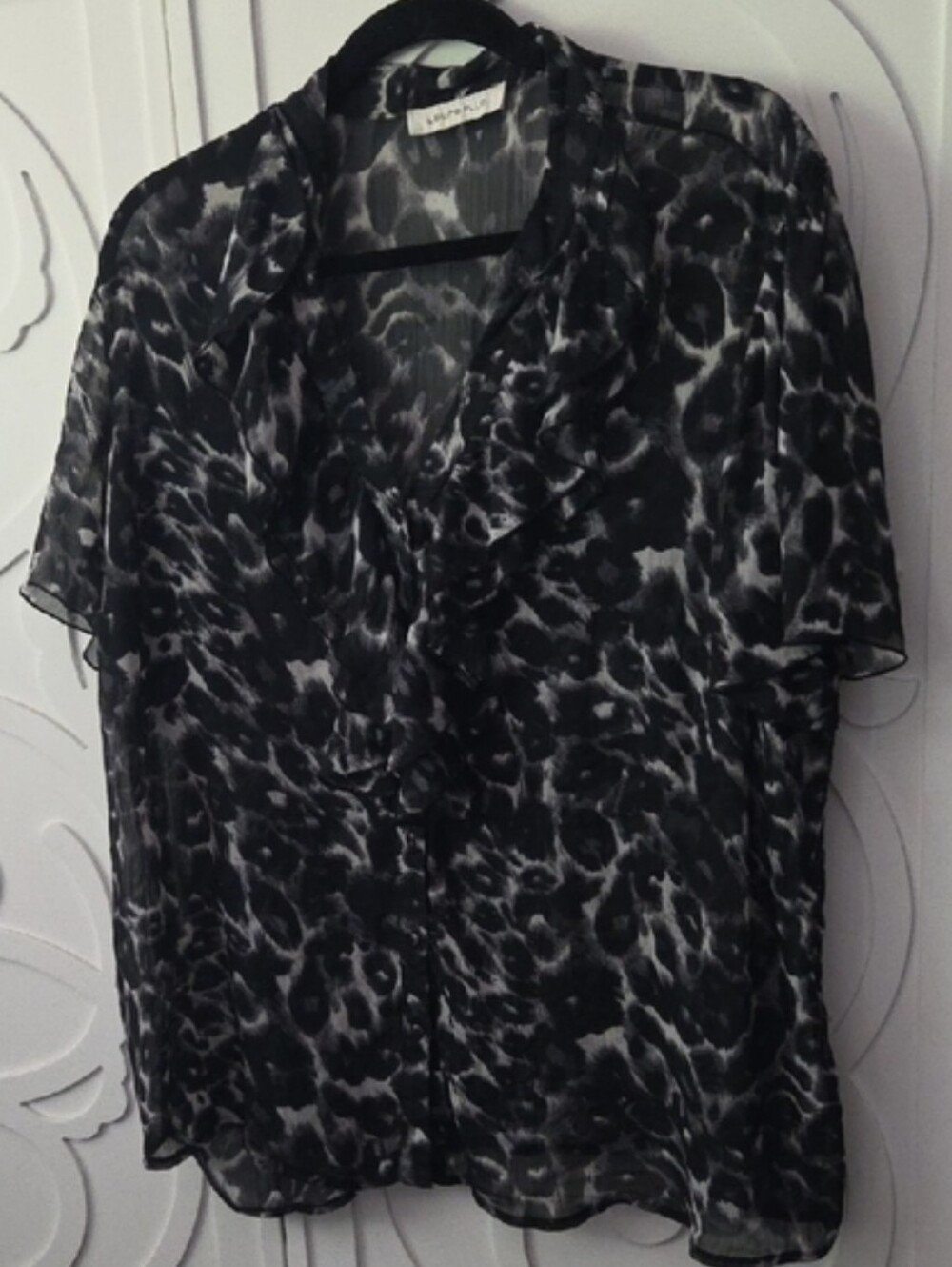 Sheer Black & Gray Animal Print Ruffle Blouse